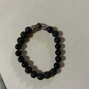 NEW handmade small shop Black Beaded Bracelet with double silver skulls